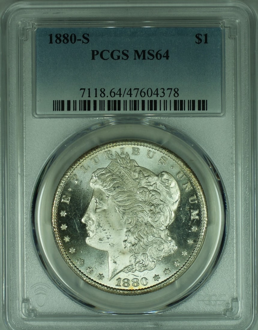 PCGS MS64 1880-S Morgan Dollar Silver Coin Uncirculated Blast White: PCGS MS64 1880-S Morgan Dollar Silver Coin Uncirculated Blast White This 1880-S Morgan Silver Dollar is an uncirculated coin graded MS 64 by PCGS. Composed of silver, it features the classic Morgan de