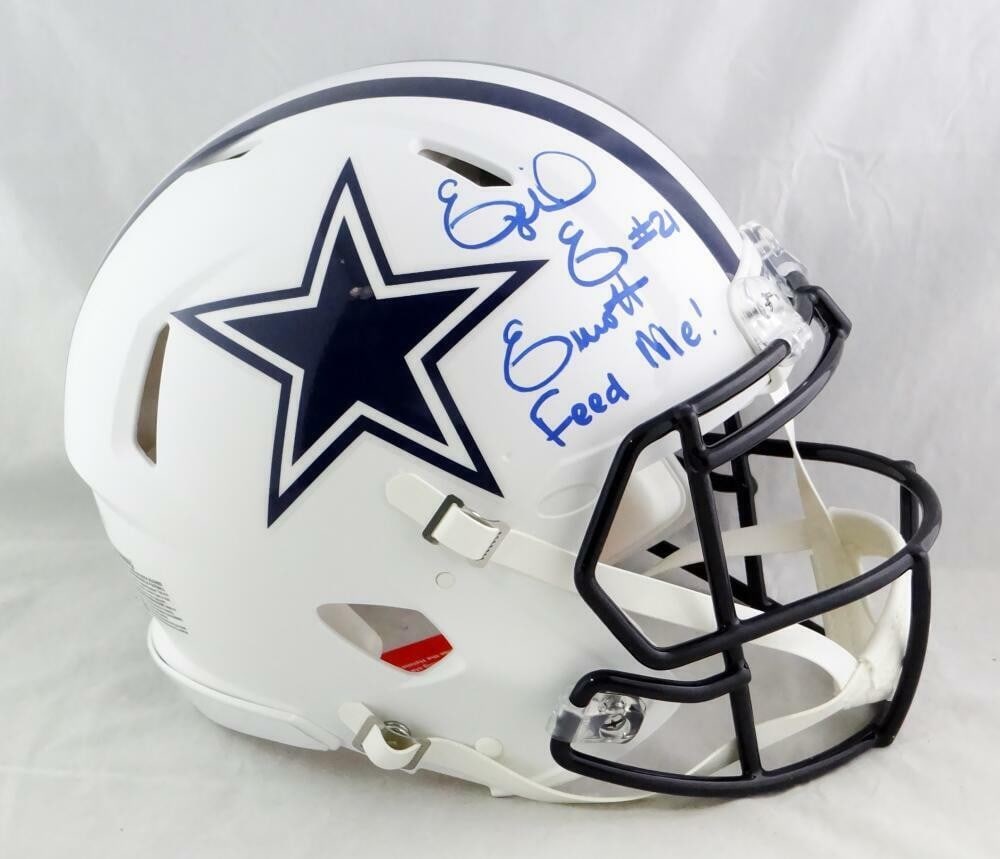 Ezekiel Elliott Signed Dallas Cowboys Authentic Helmet Beckett Certified: Ezekiel Elliott Signed Dallas Cowboys Authentic Helmet Beckett Certified This authentic flat white helmet is signed by Ezekiel Elliott, showcasing his autograph with an inscription. Ideal for any fan
