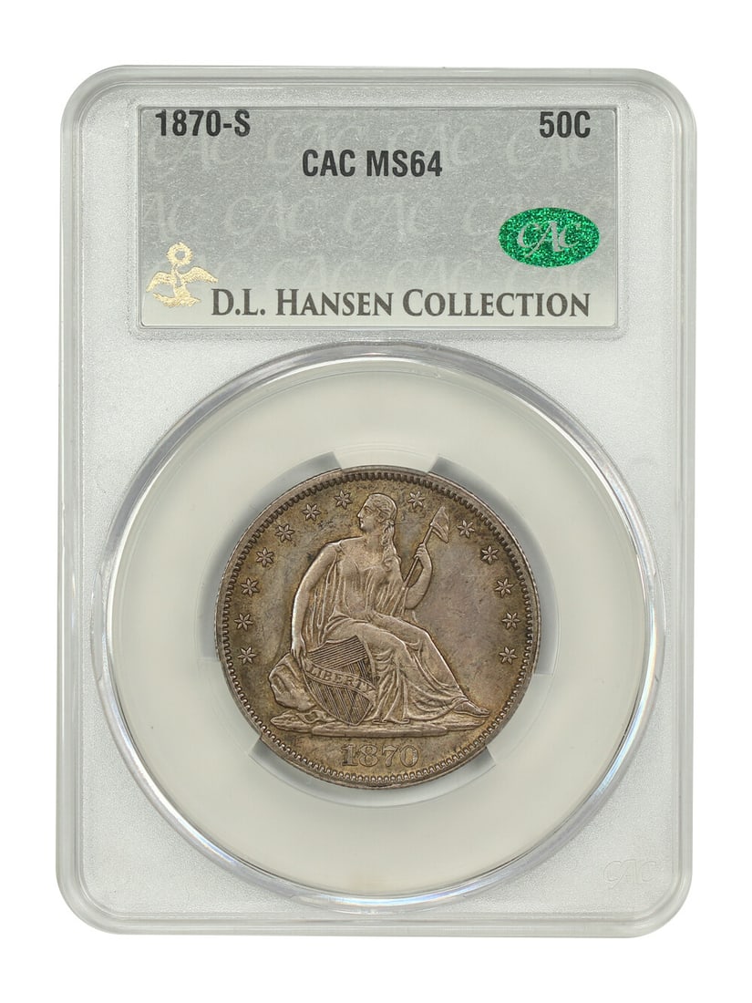 1870-S Liberty Seated Half Dollar MS64 CACG Certified: 1870-S Liberty Seated Half Dollar MS64 CACG Certified This 1870-S Liberty Seated Half Dollar is a remarkable example of numismatic artistry, certified by CACG with a grade of MS64. Minted in San Franc