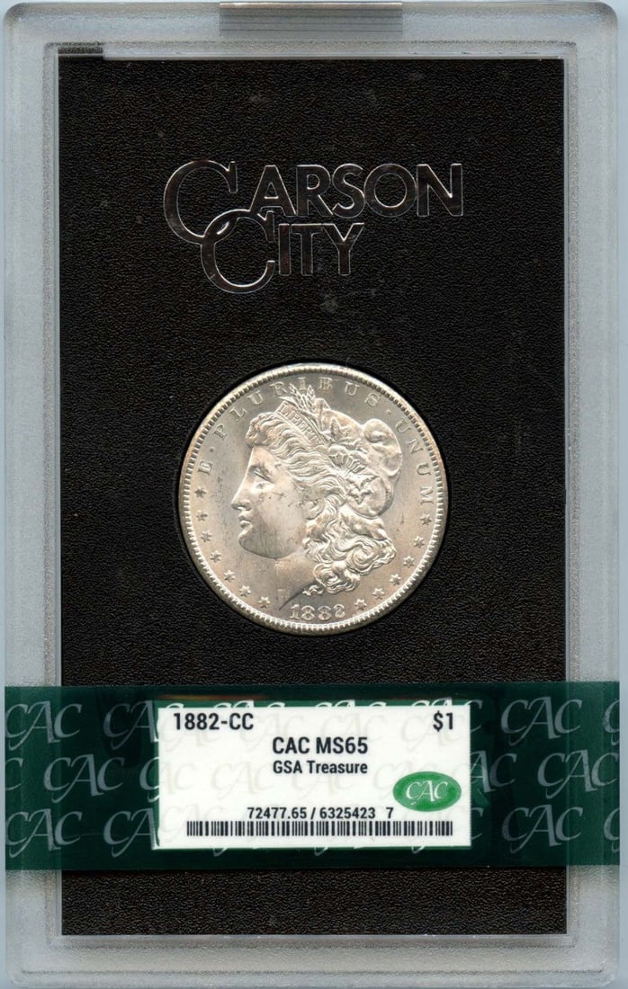 1882 CC Morgan Dollar GSA Hoard $1 CACG MS65 Uncirculated: 1882 CC Morgan Dollar GSA Hoard $1 CACG MS65 Uncirculated This 1882-CC Morgan Dollar is a remarkable piece from the Carson City mint, graded MS65 by CACG, indicating its exceptional quality and uncirc