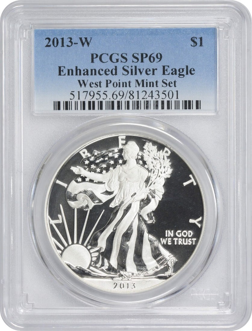 2013-W American Silver Eagle SP69 PCGS West Point Mint Special Strike Coin: 2013-W American Silver Eagle SP69 PCGS West Point Mint Special Strike Coin This 2013-W American Silver Eagle Dollar showcases an exquisite design with a Special Strike finish, graded SP69 by PCGS. The