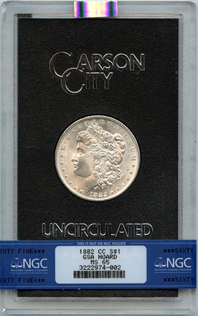 1882-CC Morgan Dollar NGC MS65 Uncirculated GSA Hoard Coin: 1882-CC Morgan Dollar NGC MS65 Uncirculated GSA Hoard Coin This 1882-CC Morgan Dollar is a remarkable coin certified by NGC with a grade of MS65, indicating its exceptional quality. Struck in 1882 at