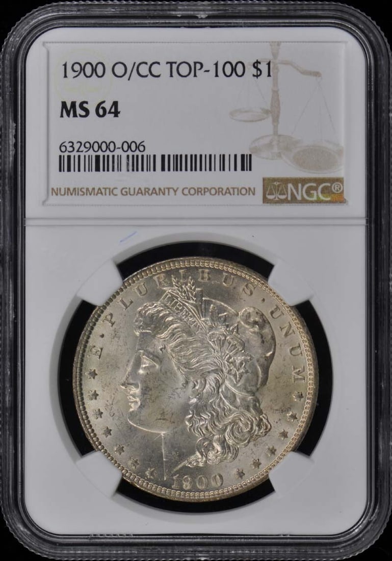 1900-O/CC NGC MS64 Morgan Dollar Top-100 Coin: 1900-O/CC NGC MS64 Morgan Dollar Top-100 Coin This 1900-O/CC Morgan Dollar is a stunning addition for any numismatic collection. Graded MS64 by NGC, this coin is in uncirculated condition, ensuring it