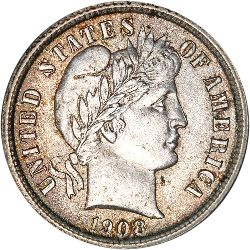 1908-P Barber Dime Silver Coin Circulated Philadelphia Mint: 1908-P Barber Dime Silver Coin Circulated Philadelphia Mint This 1908-P Barber Dime is a classic piece of American coinage. Minted in Philadelphia, this dime is composed of silver and has been circula