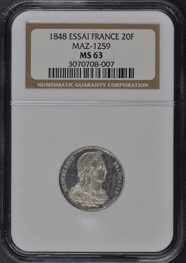 1848 France Essai 20 Franc Coin NGC MS63 Uncirculated: 1848 France Essai 20 Franc Coin NGC MS63 Uncirculated This stunning 1848 France Essai 20F coin is certified by NGC with a grade of MS63, indicating its uncirculated condition. The coin, a remarkable p
