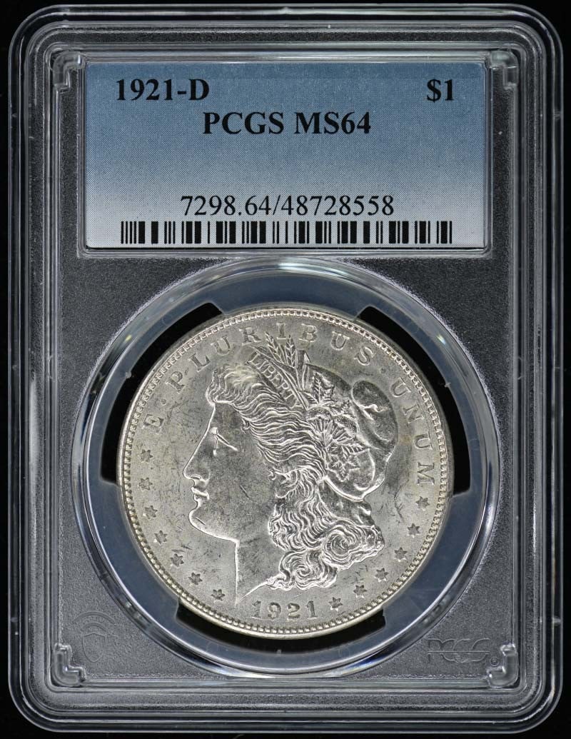 1921-D Morgan Dollar PCGS MS64 Uncirculated Coin: 1921-D Morgan Dollar PCGS MS64 Uncirculated Coin This 1921-D Morgan Dollar is certified by PCGS and graded MS64, indicating it is in uncirculated condition. Minted in Denver, this coin represents a cl