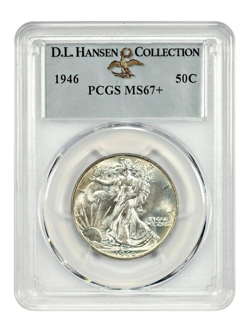 PCGS MS67+ 1946 Walking Liberty 50C ex D L Hansen Half Dollar: PCGS MS67+ 1946 Walking Liberty 50C ex D L Hansen Half Dollar This is a 1946 Walking Liberty Half Dollar graded MS67+ by PCGS, originating from the D.L. Hansen collection. Struck at the Philadelphia M