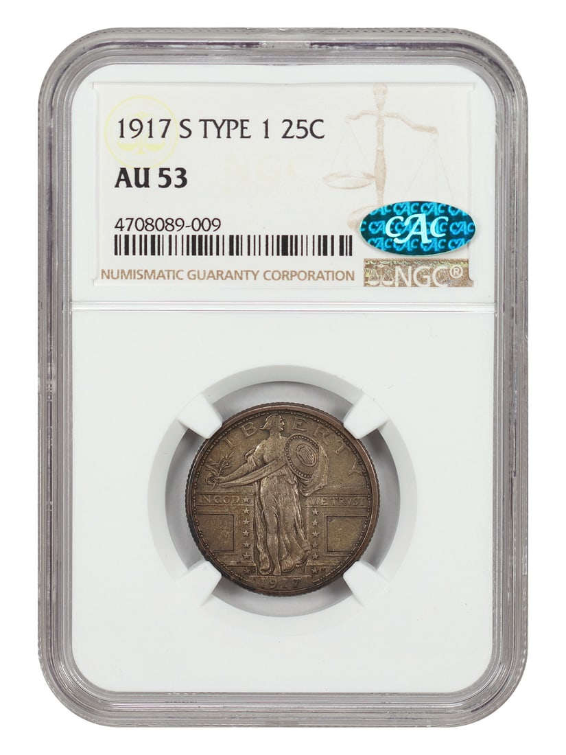 San Francisco 1917 Type 1 Standing Liberty Quarter NGC CAC AU53: San Francisco 1917 Type 1 Standing Liberty Quarter NGC CAC AU53 This is a 1917-S Standing Liberty Quarter, Type 1, certified by NGC with a CAC endorsement and graded AU53. Minted in San Francisco, thi