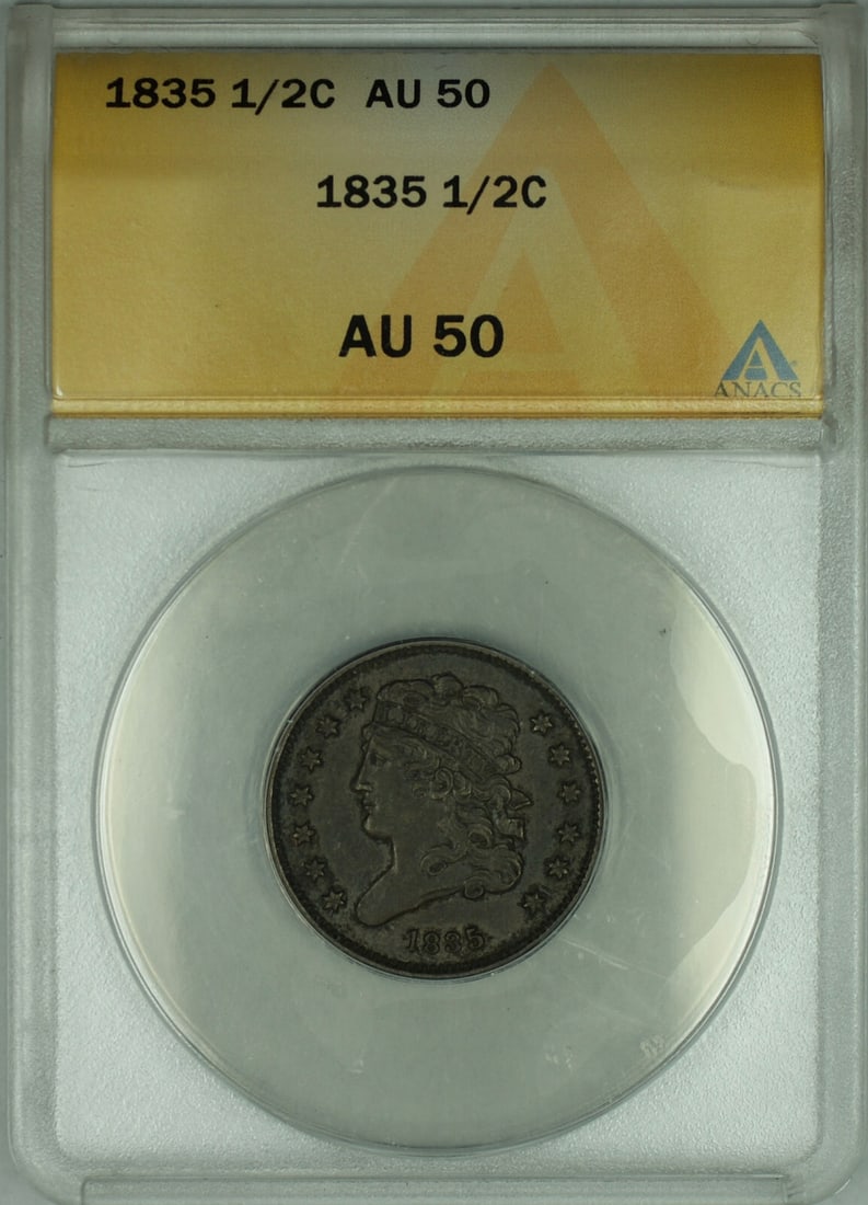ANACS AU50 1835 Classic Head United States Half Cent Coin: ANACS AU50 1835 Classic Head United States Half Cent Coin This 1835 Classic Head Half Cent features the Classic Head design and has been certified by ANACS with a grade of AU 50. The coin is circulate
