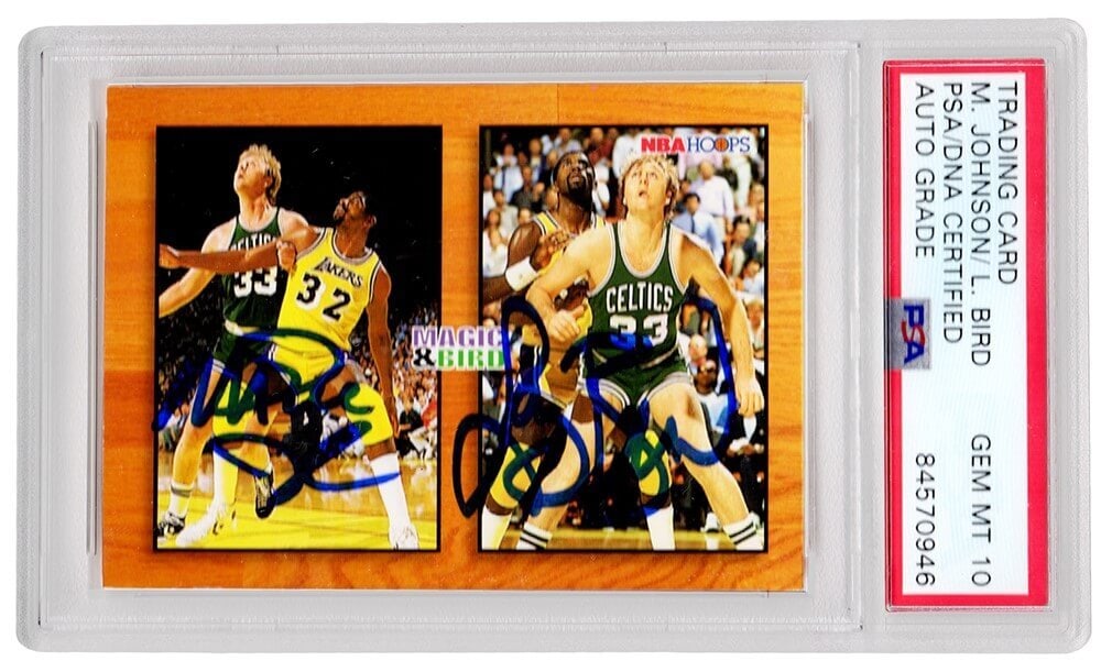 Larry Bird Magic Johnson Dual Signed 1994 NBA Hoops Card PSA GEM Mint 10 (1 of 2)