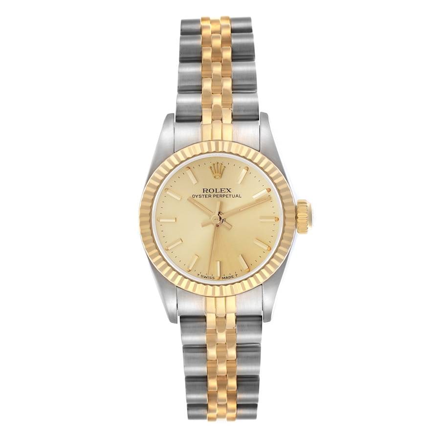 Ladies Rolex 67193 Champagne Dial Fluted Bezel Jubilee Bracelet Oyster Perpetual: Ladies Rolex 67193 Champagne Dial Fluted Bezel Jubilee Bracelet Oyster Perpetual This Rolex Oyster Perpetual features a champagne stick dial and is fitted on a Jubilee bracelet. The watch has a fluted