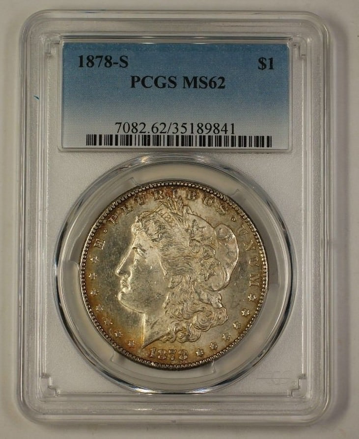 PCGS MS-62 1878-S Morgan Dollar Silver Coin with Toning Semi-Proof Like: PCGS MS-62 1878-S Morgan Dollar Silver Coin with Toning Semi-Proof Like This is a 1878-S Morgan Silver Dollar from the San Francisco Mint, certified by PCGS with a grade of MS-62. The coin is uncircul