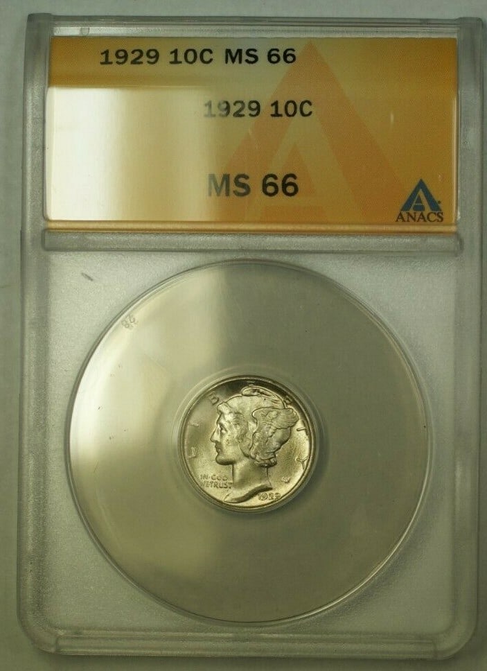 ANACS MS-66 1929 Mercury Dime Silver 10C Philadelphia Mint: ANACS MS-66 1929 Mercury Dime Silver 10C Philadelphia Mint This 1929 Mercury Dime is composed of silver and was minted in Philadelphia. The coin is certified by ANACS and has received a grade of MS 66