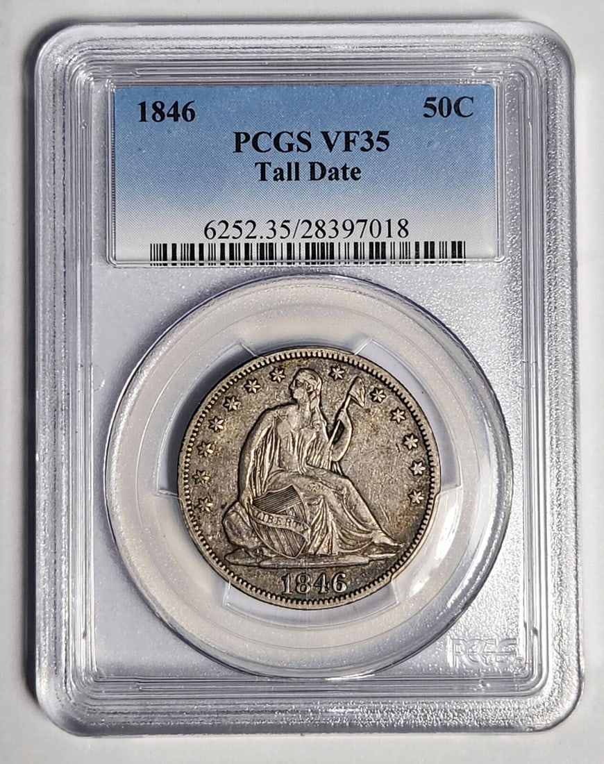 1846 P Liberty Seated Half Dollar PCGS VF 35 Silver Coin: 1846 P Liberty Seated Half Dollar PCGS VF 35 Silver Coin This 1846 P Half Dollar features the iconic Liberty Seated design and is certified by PCGS with a grade of VF-35. It is made of silver and was
