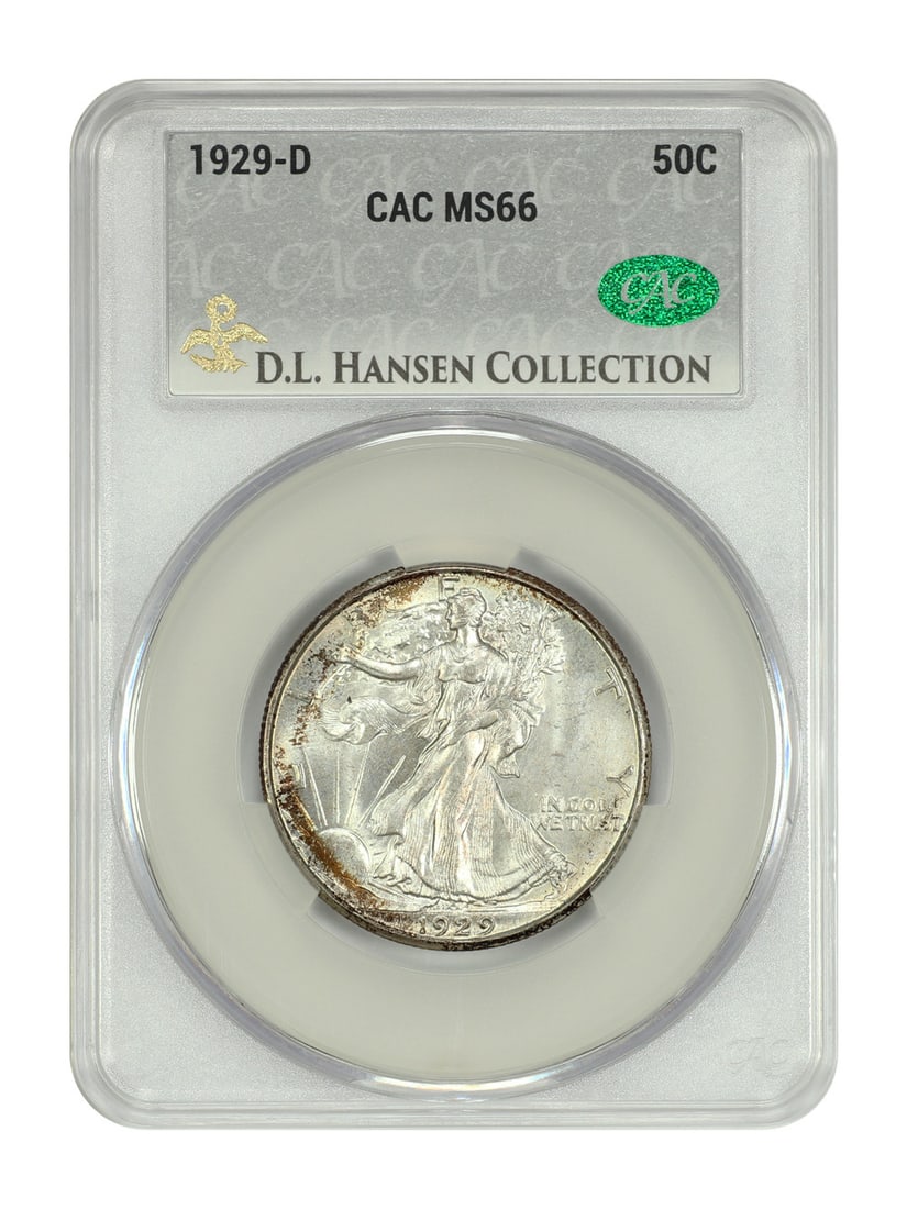 CACG MS66 1929-D Walking Liberty Half Dollar ex D.L. Hansen: CACG MS66 1929-D Walking Liberty Half Dollar ex D.L. Hansen This is a 1929-D Walking Liberty Half Dollar graded MS66 by CACG. The coin is uncirculated and features frosty luster with original silvery-