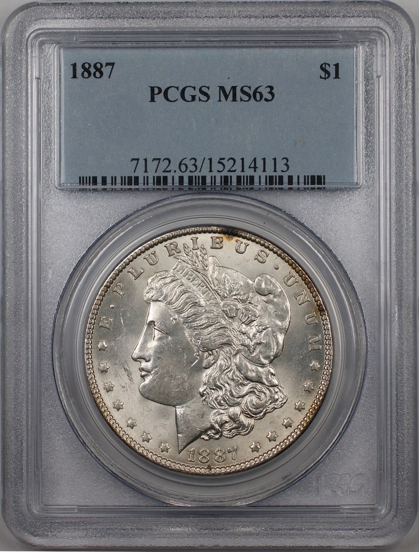 PCGS MS-63 1887 Philadelphia Morgan Silver Dollar Uncirculated $1 Coin: PCGS MS-63 1887 Philadelphia Morgan Silver Dollar Uncirculated $1 Coin This 1887 Morgan Silver Dollar is certified by PCGS with a grade of MS 63. Struck at the Philadelphia Mint, the coin is composed