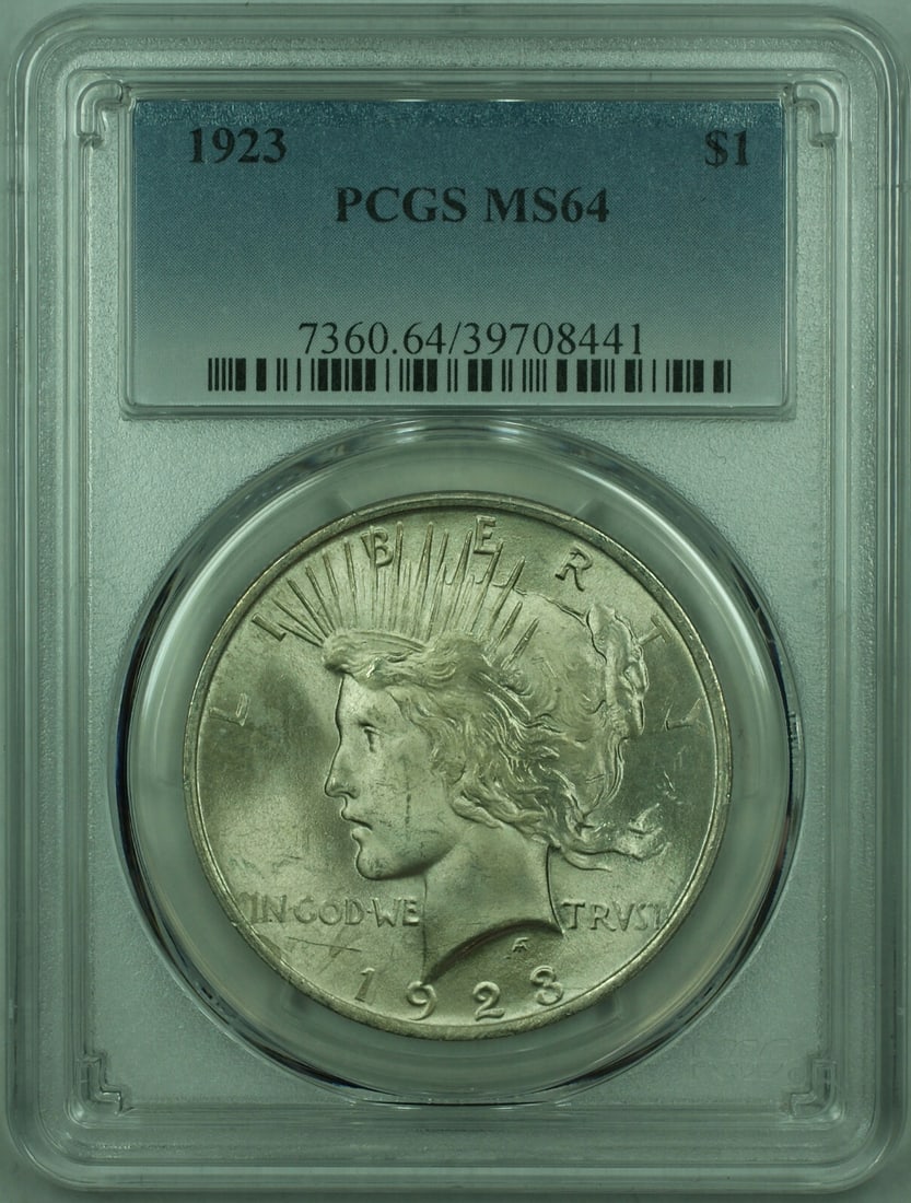 PCGS MS64 1923 Peace Dollar Silver Coin from Philadelphia Mint: PCGS MS64 1923 Peace Dollar Silver Coin from Philadelphia Mint This is a 1923 Peace Silver Dollar coin from the United States, graded MS-64 by PCGS. The coin is uncirculated and composed of silver wit