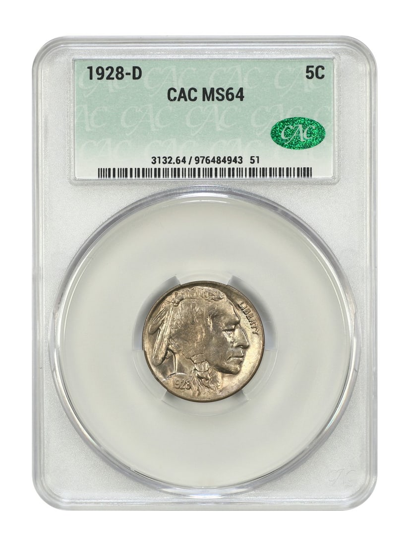 1928-D Buffalo Nickel CACG MS64 Uncirculated Coin: 1928-D Buffalo Nickel CACG MS64 Uncirculated Coin This 1928-D Buffalo Nickel, certified by CACG with certification number 976484943, is an uncirculated example graded MS64. With a mintage of 6.4 milli