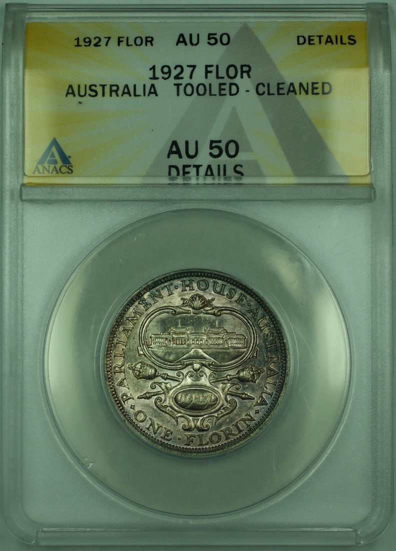 Australia 1927 Silver Florin Coin ANACS AU-50 KM 31 Tooled and Cleaned: Australia 1927 Silver Florin Coin ANACS AU-50 KM 31 Tooled and Cleaned This 1927 1 Florin silver coin from Australia was issued to commemorate the opening of the old Parliament House. Certified by ANA