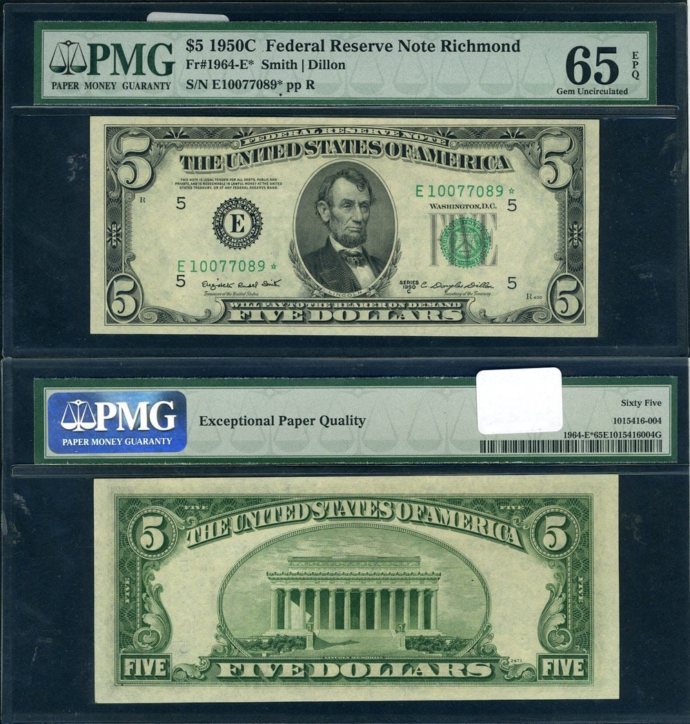 1964 $5 Federal Reserve Note 1950-C Richmond E-* Block Gem CU65 EPQ Star: 1964 $5 Federal Reserve Note 1950-C Richmond E-* Block Gem CU65 EPQ Star This 1950-C $5 Federal Reserve Note from Richmond, designated with the E-* block, is a stunning example for collectors. Graded