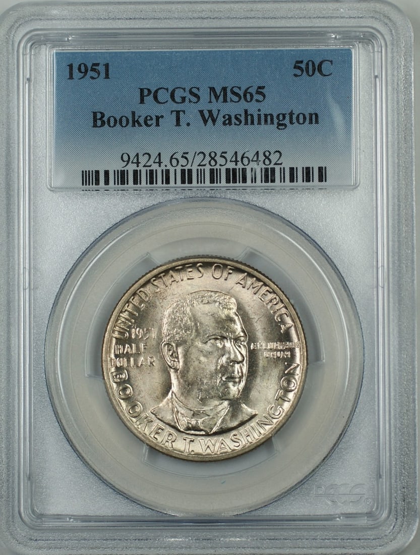 1951 Silver Half Dollar PCGS MS65 Booker T Washington Light Toning: 1951 Silver Half Dollar PCGS MS65 Booker T Washington Light Toning This is a 1951 Booker T. Washington Silver Half Dollar coin graded MS-65 by PCGS. The coin is uncirculated, lightly toned, and origin
