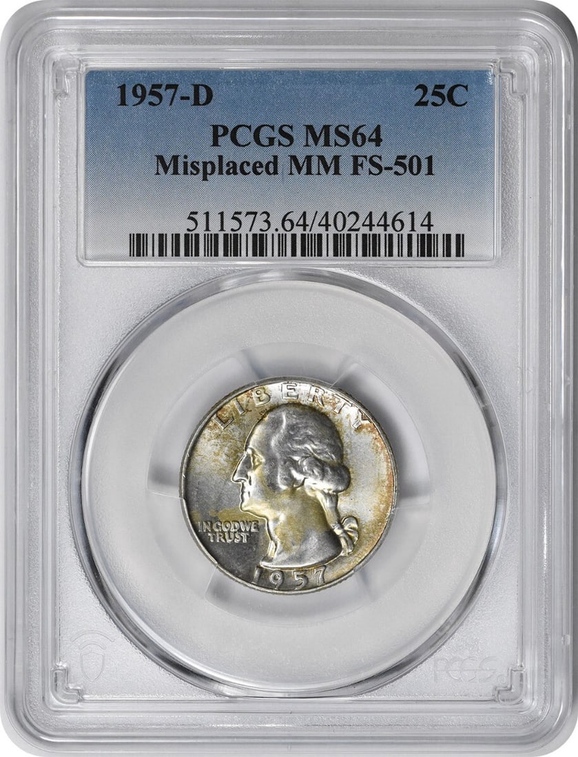 1957-D Washington Quarter Misplaced Mint Mark MS64 PCGS Silver Coin: 1957-D Washington Quarter Misplaced Mint Mark MS64 PCGS Silver Coin This 1957-D Washington Silver Quarter features a misplaced mintmark and is graded MS64 by PCGS, indicating it is in uncirculated con
