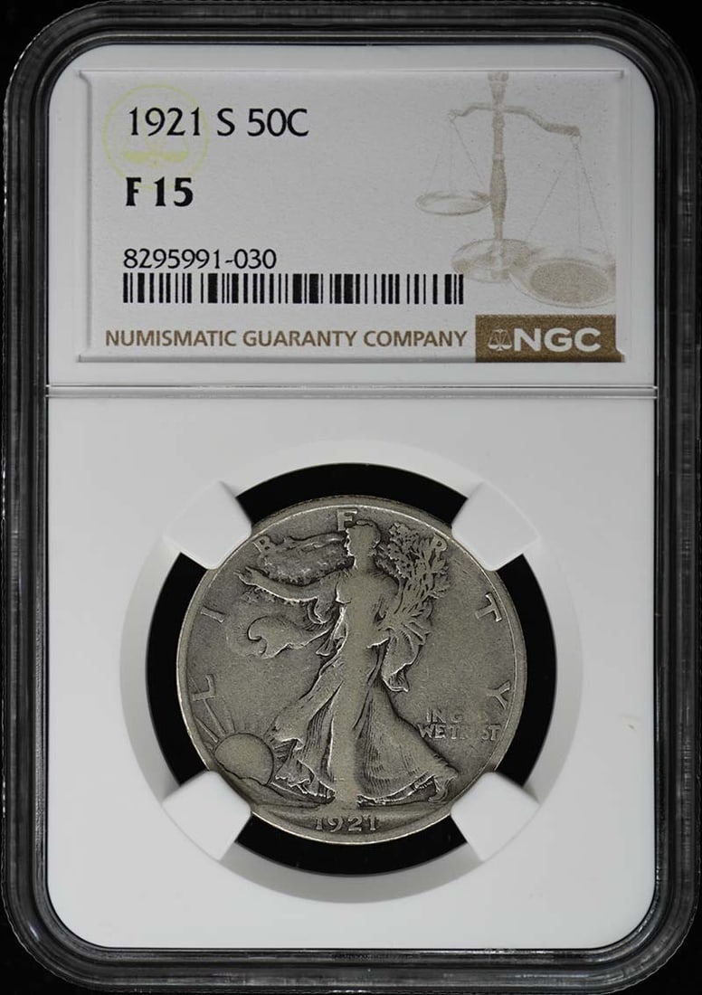 1921-S Walking Liberty Half Dollar NGC F15 Certified Coin: 1921-S Walking Liberty Half Dollar NGC F15 Certified Coin This 1921-S Walking Liberty Half Dollar is a stunning piece from the San Francisco mint, certified by NGC with a grade of F15. Featuring the i