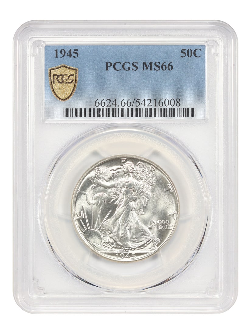 PCGS MS66 1945 Philadelphia Walking Liberty Half Dollar 50C Coin: PCGS MS66 1945 Philadelphia Walking Liberty Half Dollar 50C Coin This is a 1945 Walking Liberty Half Dollar graded MS66 by PCGS. The coin is uncirculated and was minted in Philadelphia. It belongs to