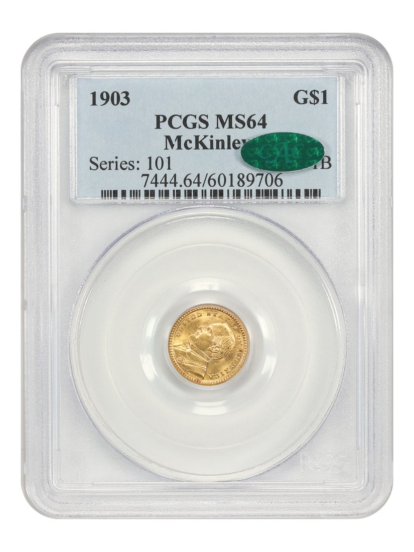 1903 Louisiana Purchase Gold Dollar PCGS CAC MS64 Commemorative Coin: 1903 Louisiana Purchase Gold Dollar PCGS CAC MS64 Commemorative Coin This 1903 G$1 Louisiana Purchase gold coin is a classic gold commemorative, graded MS64 by PCGS and verified by CAC. Struck in Phil