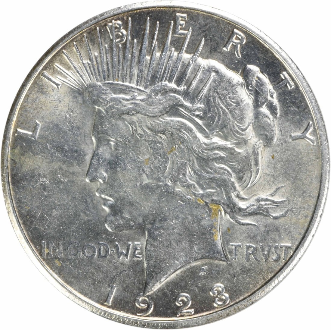 1923-S Peace Silver Dollar AU Uncertified 90% Silver Coin: 1923-S Peace Silver Dollar AU Uncertified 90% Silver Coin This 1923-S Peace Silver Dollar is a remarkable coin from the San Francisco Mint, showcasing a classic design by Anthony de Francisci. With a