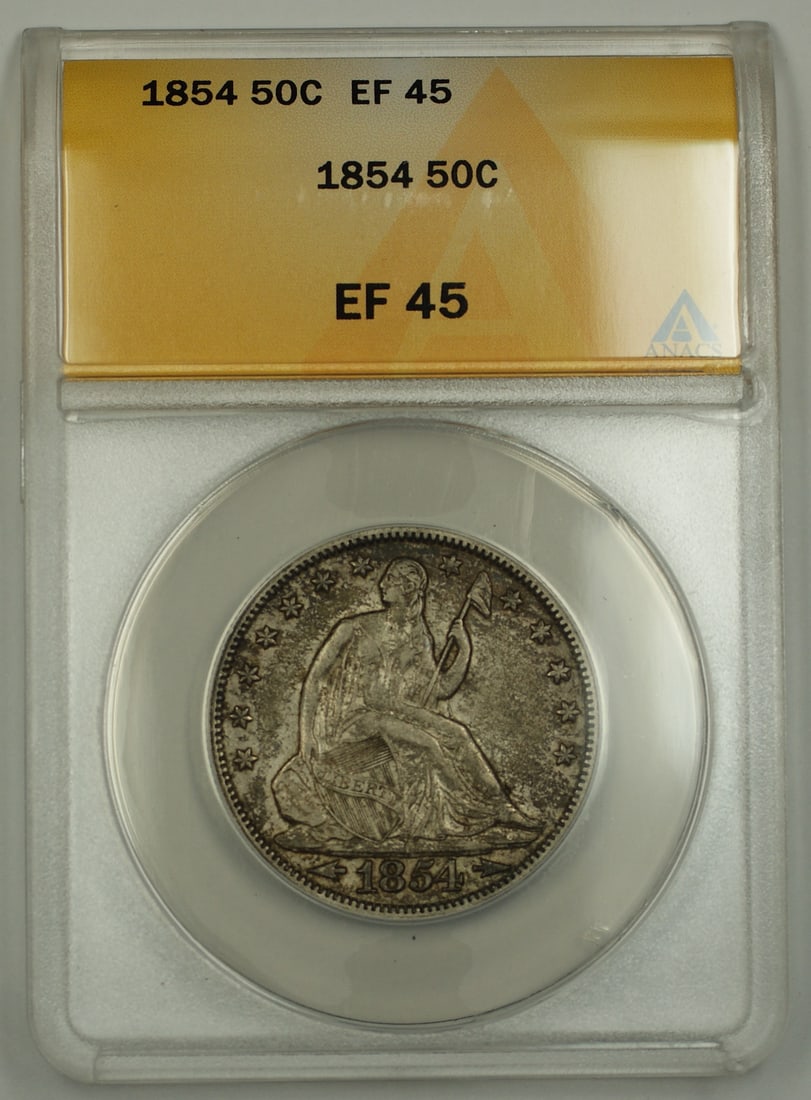 ANACS EF-45 1854 Seated Liberty Philadelphia Silver Half Dollar Coin: ANACS EF-45 1854 Seated Liberty Philadelphia Silver Half Dollar Coin This 1854 Seated Liberty Silver Half Dollar originates from the United States and features the classic Seated Liberty design. Certi