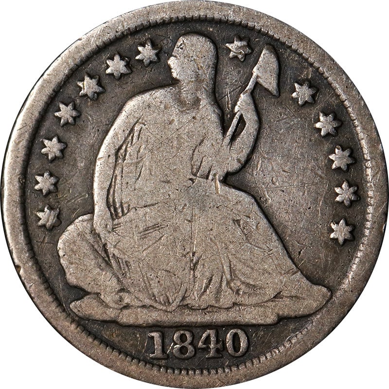 1840-O Silver Half Dime New Orleans Mint No Drapery Variant: 1840-O Silver Half Dime New Orleans Mint No Drapery Variant This is an 1840-O Seated Liberty Half Dime featuring the No Drapery design. Minted in New Orleans, the coin is composed of silver and is in