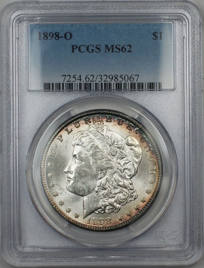 PCGS MS-62 Morgan Dollar 1898-O Silver Coin With Rim Toning: PCGS MS-62 Morgan Dollar 1898-O Silver Coin With Rim Toning This is an 1898-O Morgan Silver Dollar, certified by PCGS with a grade of MS-62. Minted in New Orleans, this uncirculated coin features rim