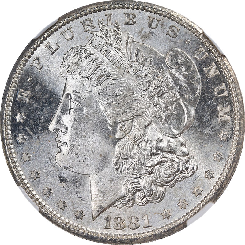 NGC MS67 1881-S Morgan Dollar Silver Coin with Brilliant Luster: NGC MS67 1881-S Morgan Dollar Silver Coin with Brilliant Luster This 1881-S Morgan Silver Dollar is graded MS67 by NGC and features outstanding eye appeal with a blazing white appearance, strong strik