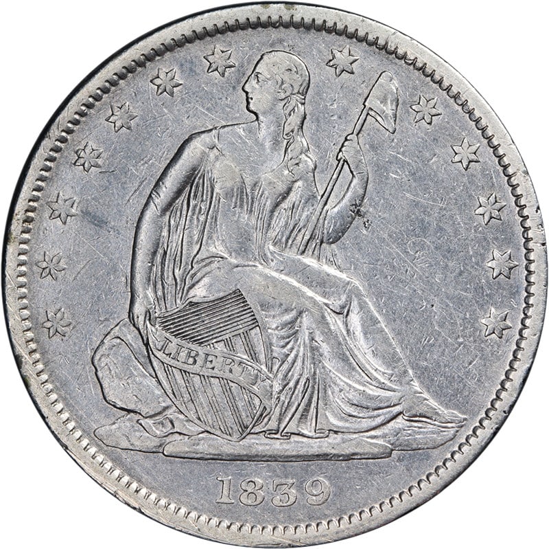 1839 Seated Half Dollar Silver XF/AU Details Rare Coin: 1839 Seated Half Dollar Silver XF/AU Details Rare Coin This 1839 Seated Half Dollar features a striking design with drapery, showcasing nice eye appeal and a well-defined strike. It is graded as XF/AU