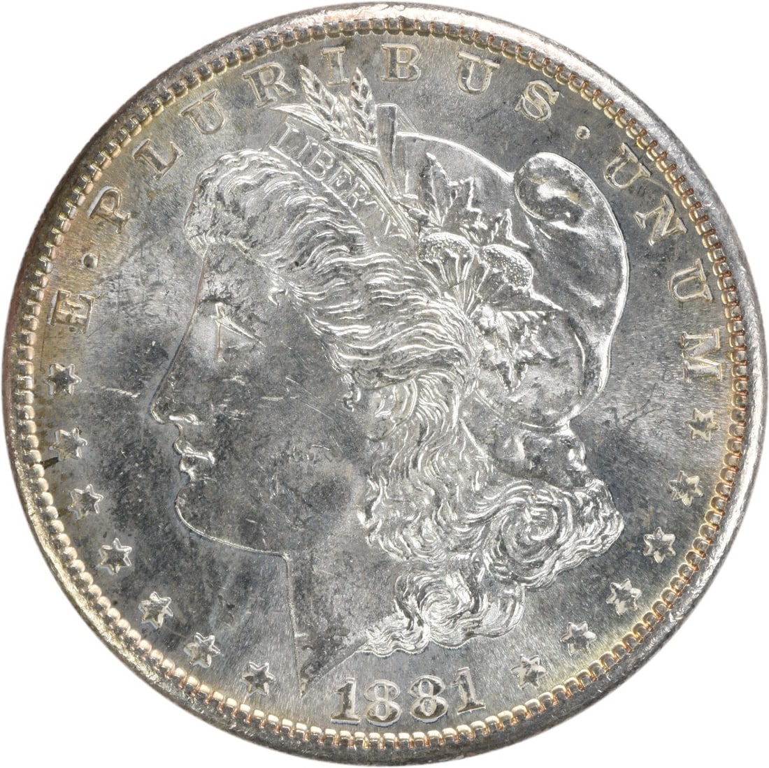 1881-S Morgan Silver Dollar Brilliant Uncirculated Uncertified: 1881-S Morgan Silver Dollar Brilliant Uncirculated Uncertified This 1881-S Morgan Silver Dollar is an uncirculated coin featuring the classic Morgan design. It has a brilliant uncirculated (BU) grade,