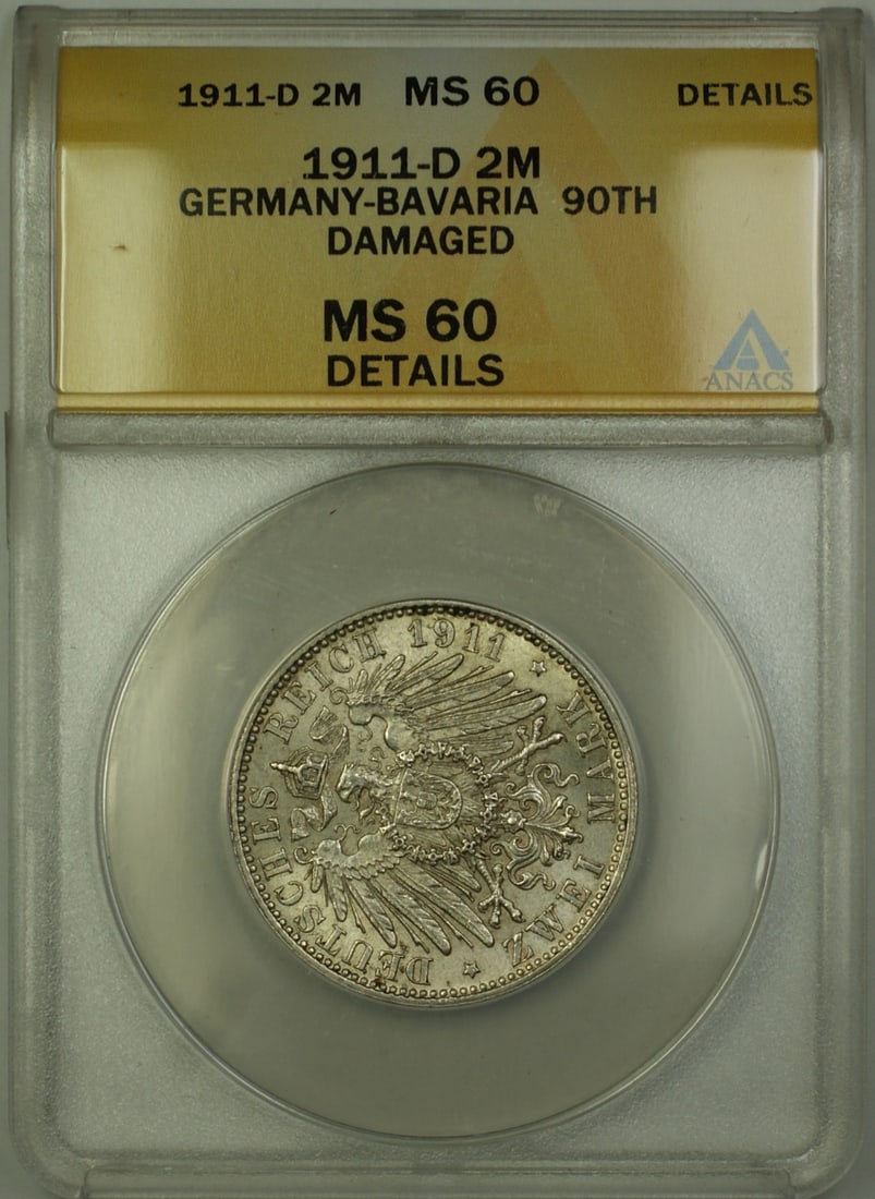 1911-D Bavaria 2 Mark Silver Coin Luitpold 90th ANACS MS-60 Details: 1911-D Bavaria 2 Mark Silver Coin Luitpold 90th ANACS MS-60 Details This 1911-D Germany Bavaria 2 Marks silver coin commemorates the 90th birthday of Prince Regent Luitpold. Certified by ANACS with a