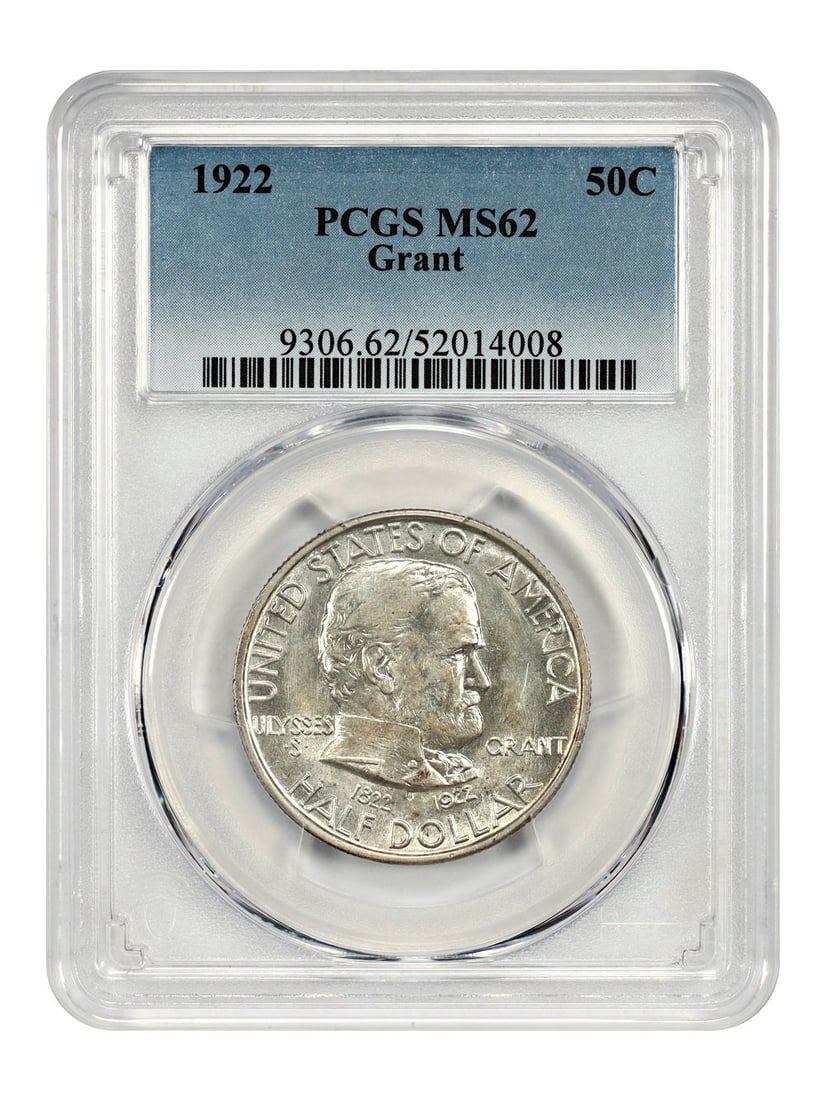 1922 Grant Half Dollar PCGS MS62 Silver Commemorative Coin: 1922 Grant Half Dollar PCGS MS62 Silver Commemorative Coin This 1922 50-cent Grant coin is a classic silver commemorative, graded MS62 by PCGS. Struck in Philadelphia, it was issued to commemorate the