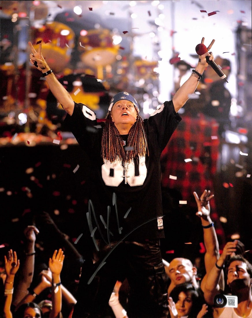 AXL Rose Signed 11x14 Photo Beckett LOA Guns N Roses: AXL Rose Signed 11x14 Photo Beckett LOA Guns N Roses This stunning 11x14 color photograph captures AXL Rose, the legendary lead singer of Guns N' Roses, in all his glory. Signed in silver paint pen, t