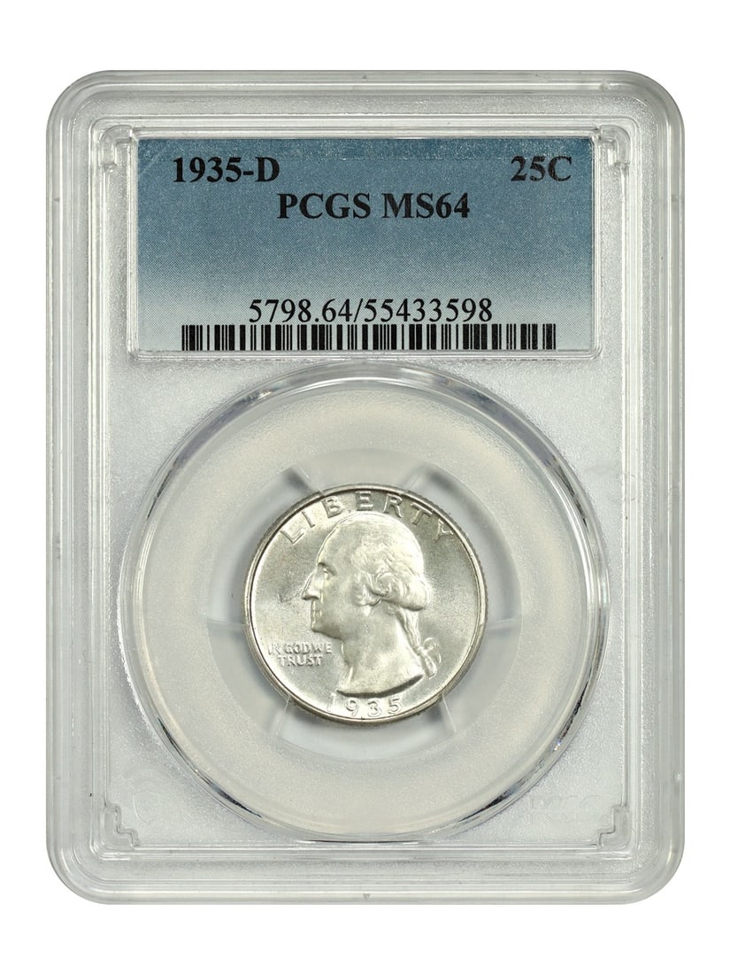 PCGS MS64 1935-D Washington Quarter Key Date 25C Coin: PCGS MS64 1935-D Washington Quarter Key Date 25C Coin This 1935-D Washington Quarter is an uncirculated coin graded MS64 by PCGS. Minted in Denver, it is recognized as a key date for collectors. The c