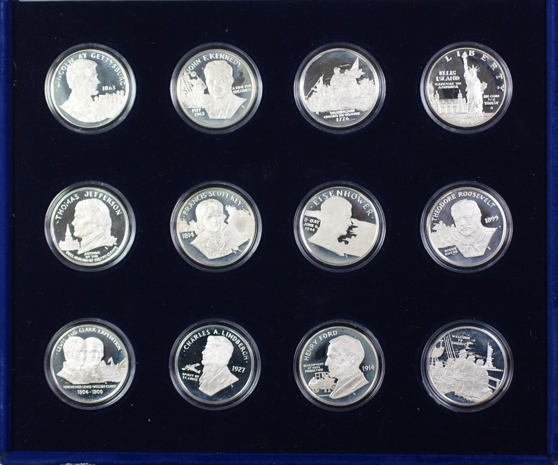 Set of 11 Gasparro Proof Sterling Silver Medals with Liberty Silver Dollar: Set of 11 Gasparro Proof Sterling Silver Medals with Liberty Silver Dollar This Statue of Liberty Centennial Collection is a proof silver medal set designed by Frank Gasparro. The set includes 11 ster