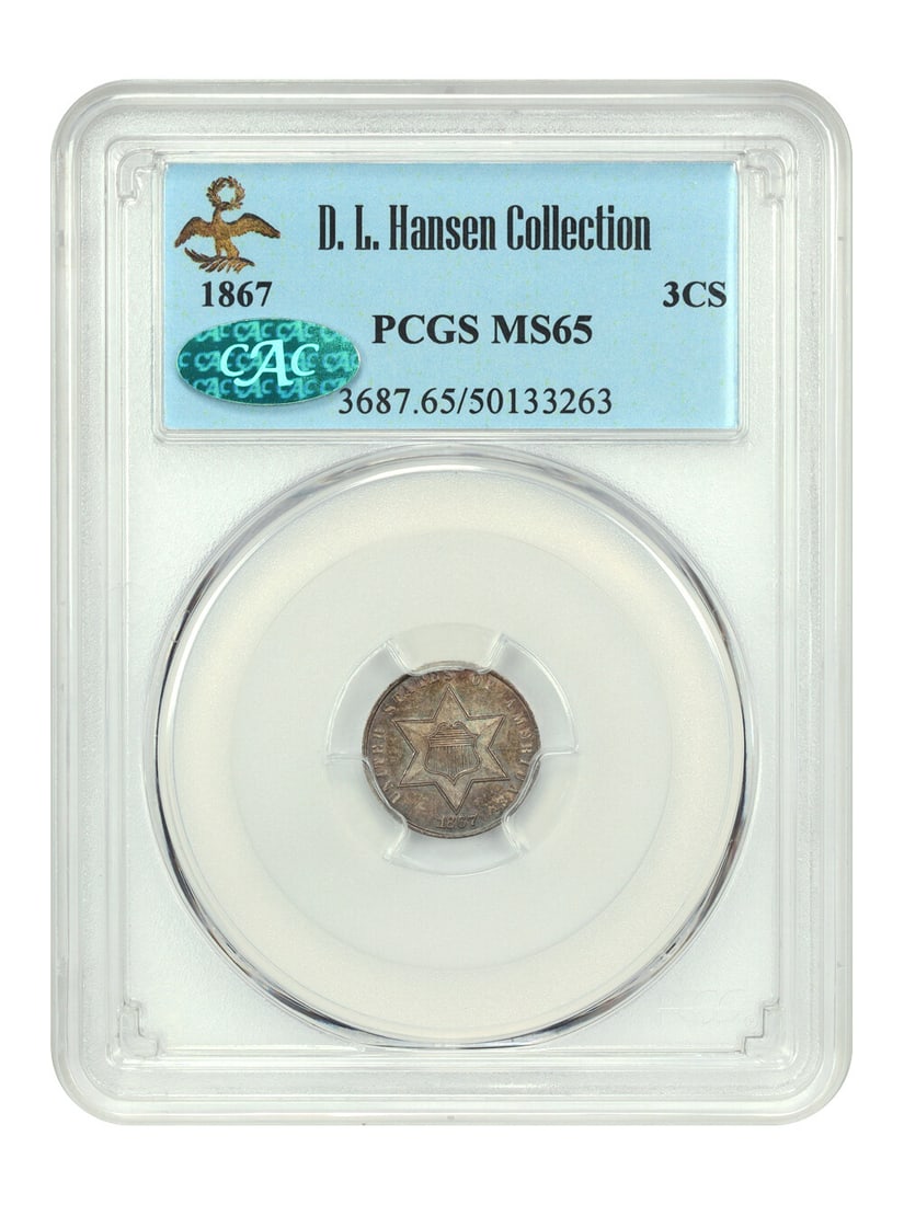 1867 Three Cent Silver Coin PCGS MS65 CAC D.L. Hansen: 1867 Three Cent Silver Coin PCGS MS65 CAC D.L. Hansen This stunning 1867 Three Cent Silver coin is graded MS65 by PCGS and carries the CAC designation, showcasing its exceptional quality. It hails fro