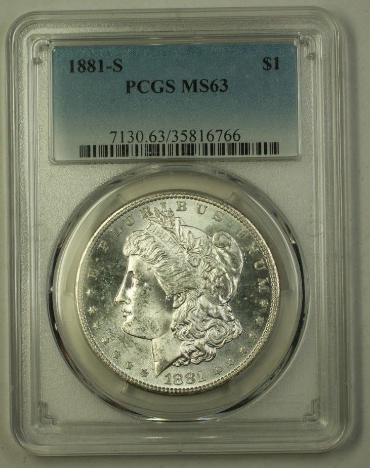 PCGS MS63 1881-S Morgan Dollar Silver $1 Coin San Francisco Mint: PCGS MS63 1881-S Morgan Dollar Silver $1 Coin San Francisco Mint This 1881-S Morgan Silver Dollar is a $1 coin from the United States, minted in San Francisco. Certified by PCGS with a grade of MS 63,