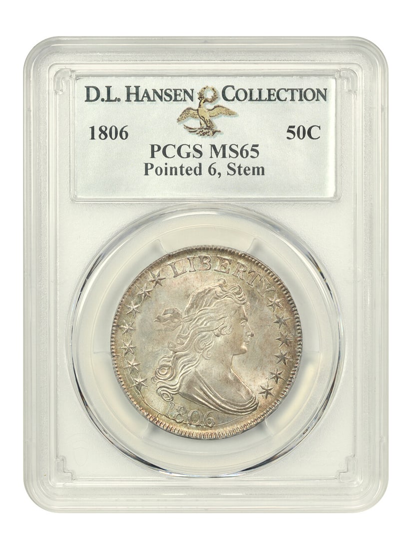 1806 50c Draped Bust Half Dollar PCGS MS65 Pointed 6 Stems Rare Coin: 1806 50c Draped Bust Half Dollar PCGS MS65 Pointed 6 Stems Rare Coin This stunning 1806 50-cent Draped Bust Half Dollar is graded MS65 by PCGS, showcasing exceptional luster and detail. This uncircula