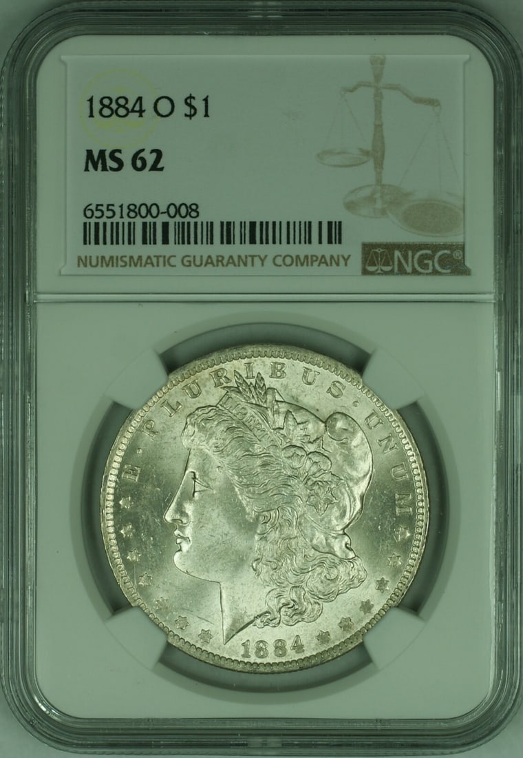 NGC MS62 1884-O Morgan Dollar Silver Coin New Orleans Mint: NGC MS62 1884-O Morgan Dollar Silver Coin New Orleans Mint This is an 1884-O Morgan Silver Dollar coin from the United States, minted in New Orleans. Graded MS-62 by NGC, this uncirculated coin featur
