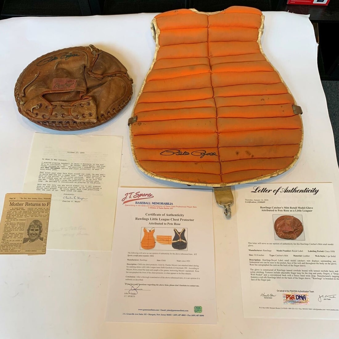1950s Pete Rose Signed Game Used Catcher's Mitt Chest Protector PSA DNA: 1950s Pete Rose Signed Game Used Catcher's Mitt Chest Protector PSA DNA This remarkable collection features a 1950's game-used catcher's mitt and chest protector belonging to the legendary Pete Rose,