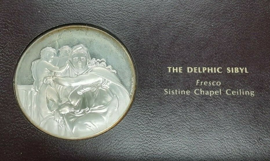 Delphic Sibyl Sterling Silver Medal Genius of Michelangelo by Franklin Mint: Delphic Sibyl Sterling Silver Medal Genius of Michelangelo by Franklin Mint This Franklin Mint Genius of Michelangelo proof medal features The Delphic Sibyl from Michelangelo's Sistine Chapel frescoes