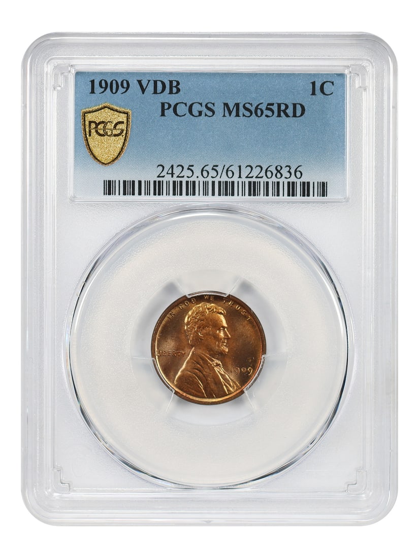 PCGS MS65RD 1909 VDB Lincoln Wheat Cent Certified Uncirculated 1C: PCGS MS65RD 1909 VDB Lincoln Wheat Cent Certified Uncirculated 1C This 1909 VDB Lincoln Cent features the wheat reverse design and is a popular first-year issue with the designer's initials (VDB) on t