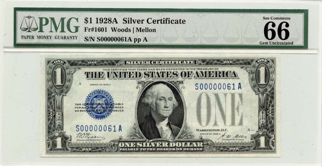 1928A $1 Silver Certificate Fr# 1601 PMG Gem66 EPQ Rare 2 Digit Serial (1 of 2)