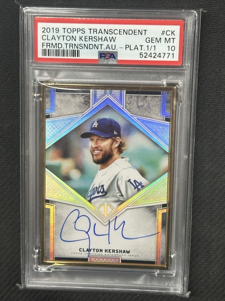 Clayton Kershaw 2019 Topps Transcendent Platinum Auto PSA 10 #CK: Clayton Kershaw 2019 Topps Transcendent Platinum Auto PSA 10 #CK This is a rare 2019 Topps Transcendent Platinum Framed Autographed Baseball Card featuring Clayton Kershaw, a star player for the Los A